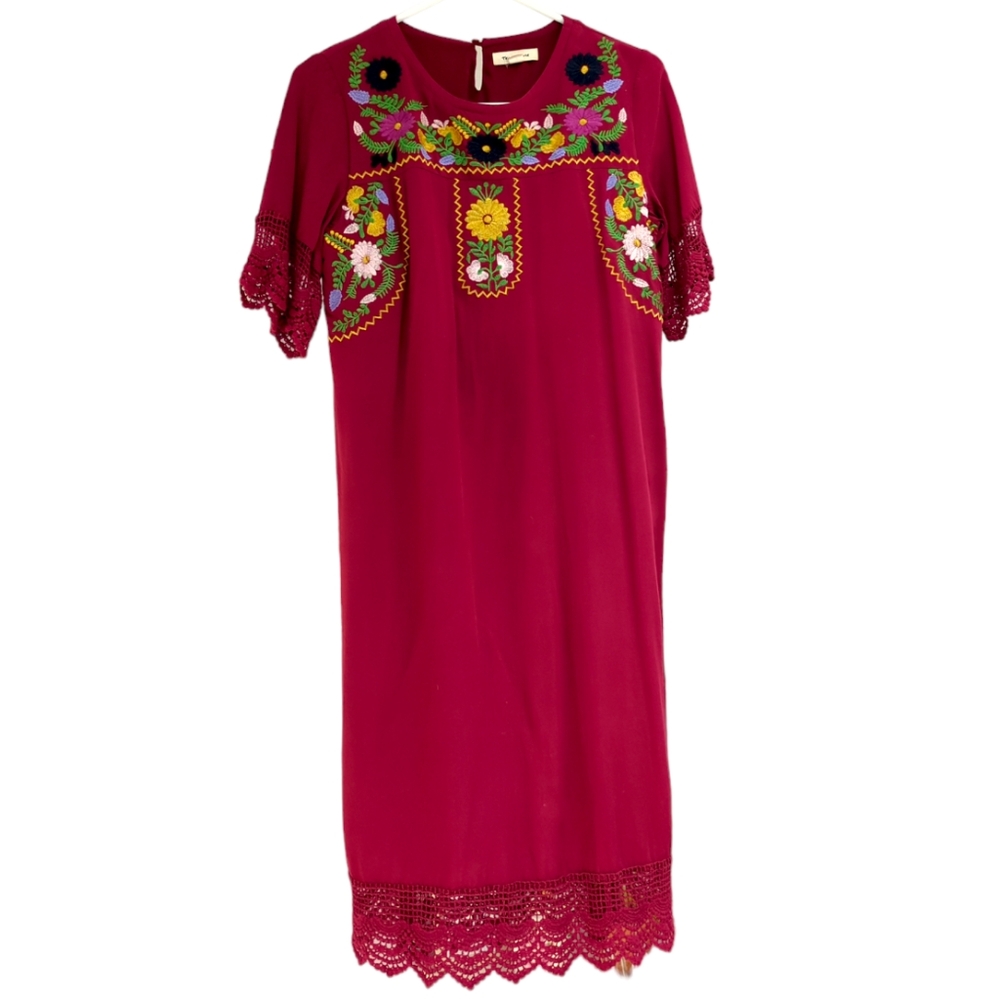Embroidered Crochet Vintage Shift Dress S, Oversized floral midi, satin lined